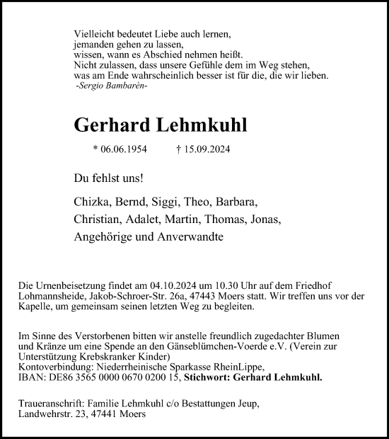 Traueranzeige von Gerhard Lehmkuhl von Tageszeitung