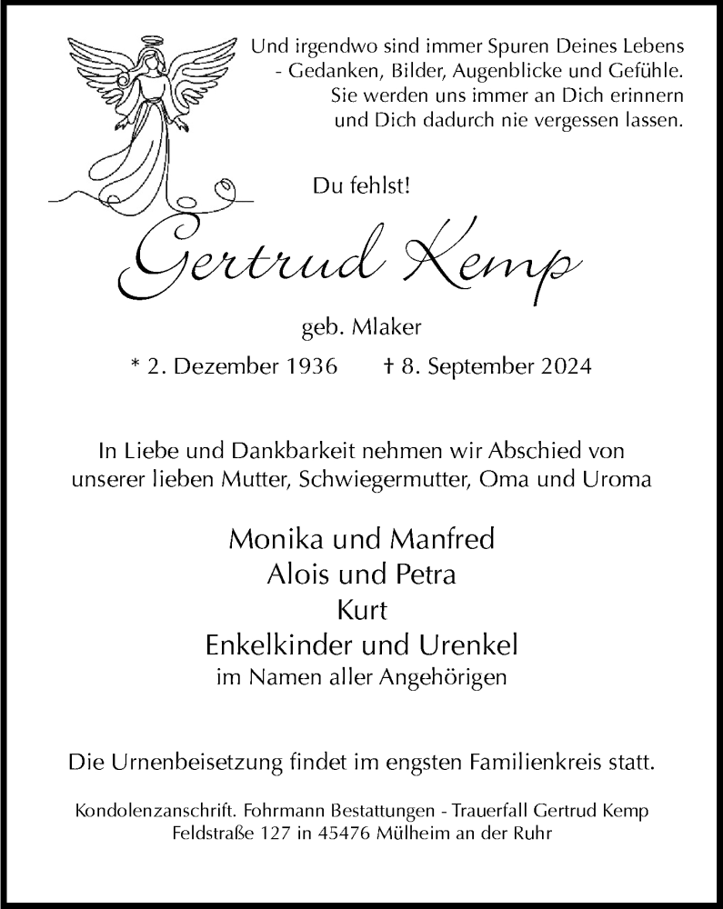  Traueranzeige für Gertrud Kemp vom 28.09.2024 aus Tageszeitung