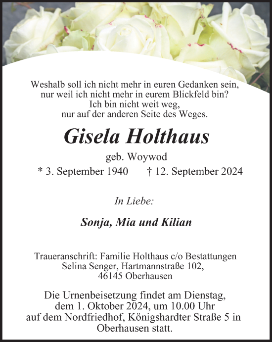 Traueranzeige von Gisela Holthaus von Tageszeitung