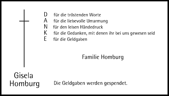 Traueranzeige von Gisela Homburg von Tageszeitung