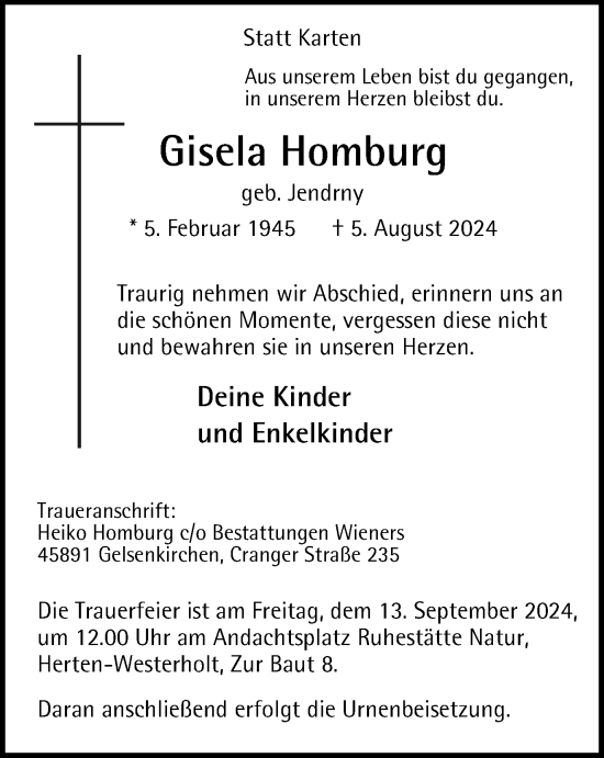 Traueranzeige von Gisela Homburg von Tageszeitung