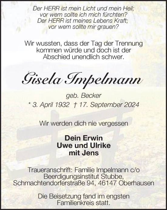 Traueranzeige von Gisela Impelmann von Tageszeitung