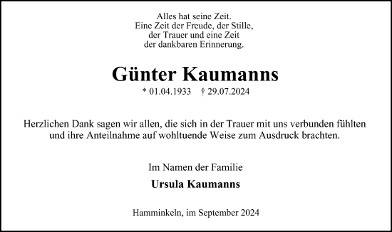 Traueranzeige von Günter Kaumanns von Tageszeitung