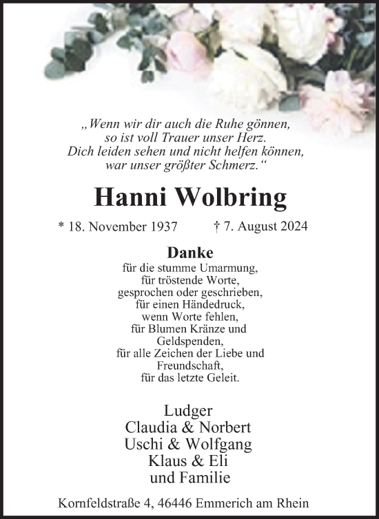 Traueranzeige von Hanni Wolbring von Tageszeitung