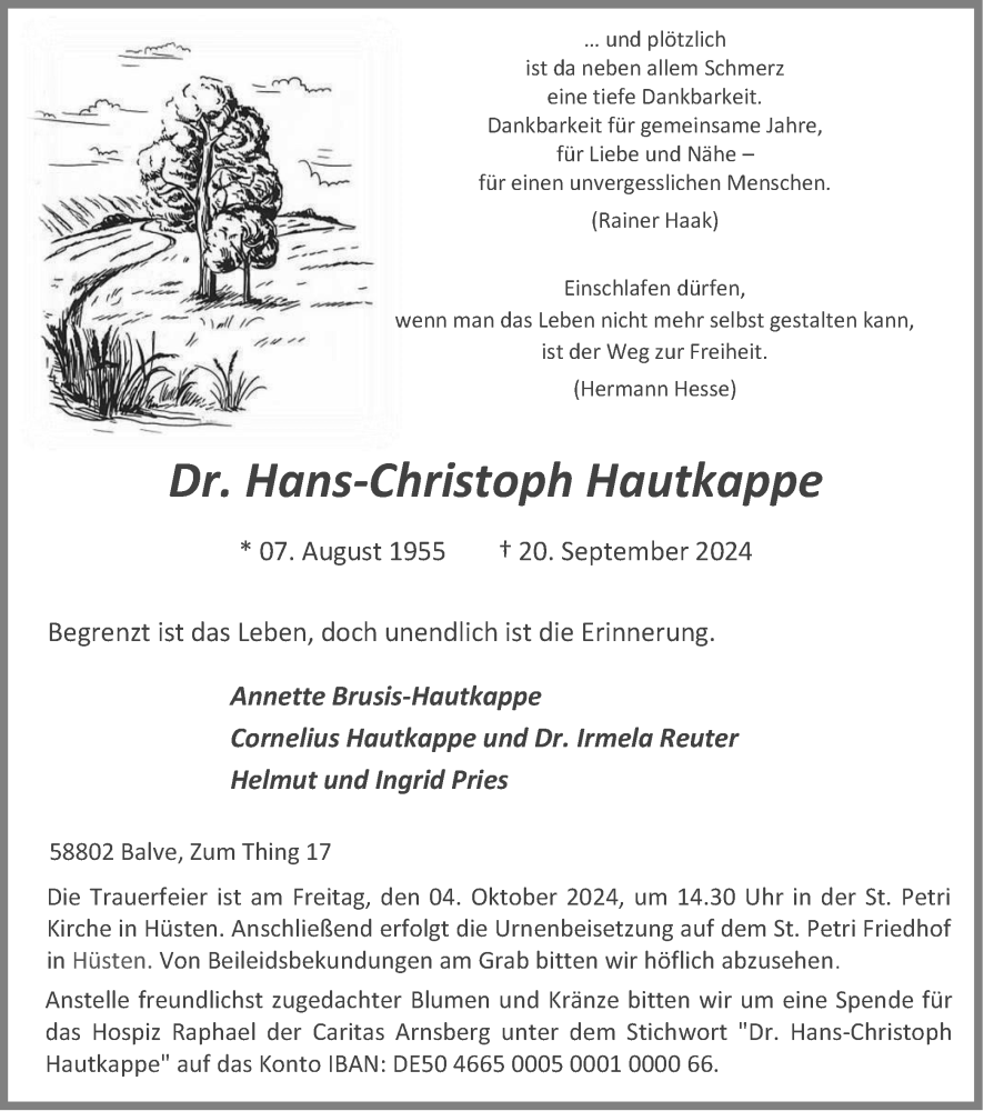 Traueranzeige für Hans-Christoph Hautkappe vom 28.09.2024 aus Tageszeitung