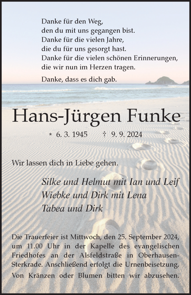  Traueranzeige für Hans-Jürgen Funke vom 21.09.2024 aus Tageszeitung