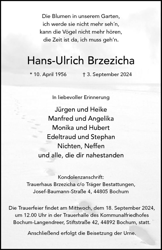  Traueranzeige für Hans-Ulrich Brzezicha vom 07.09.2024 aus Tageszeitung