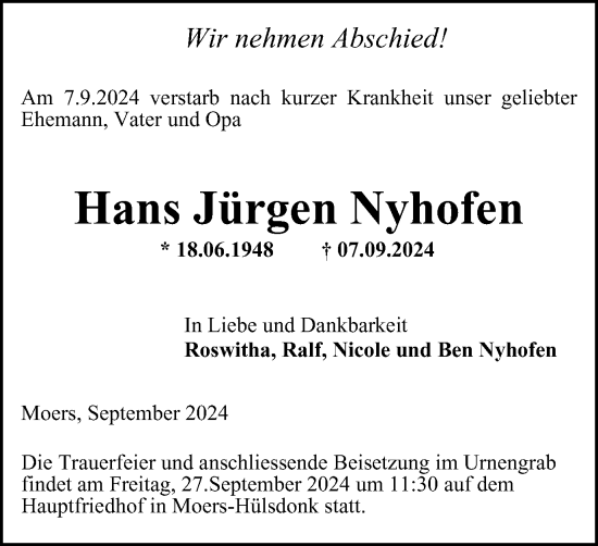 Traueranzeige von Hans Jürgen Nyhofen von Tageszeitung