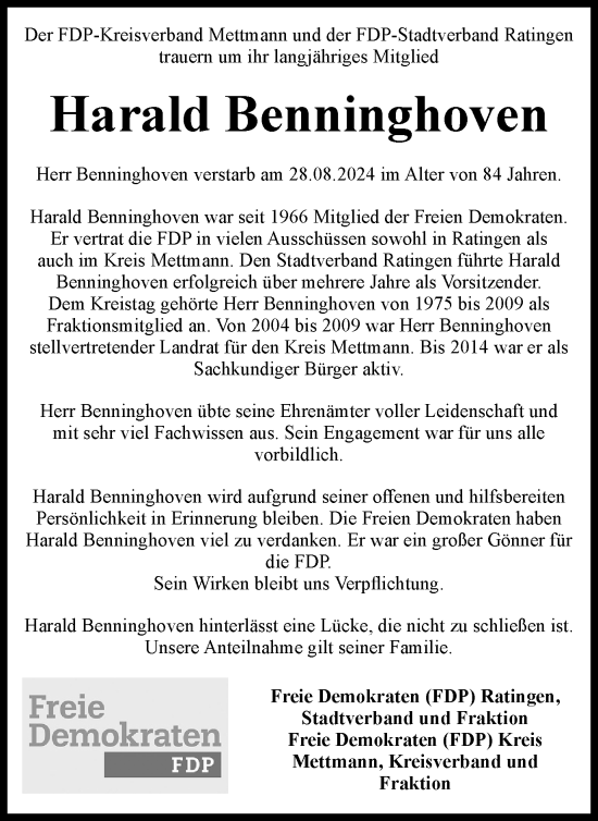 Traueranzeige von Harald Benninghoven von Tageszeitung