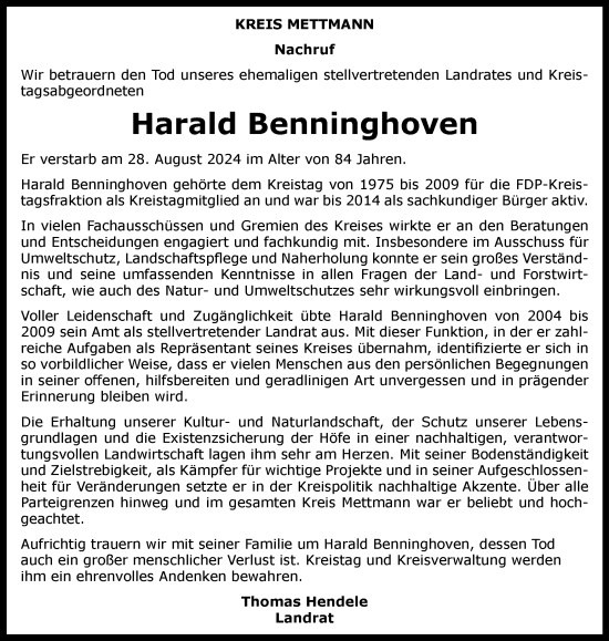 Traueranzeige von Harald Benninghoven von Tageszeitung