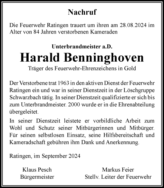 Traueranzeige von Harald Benninghoven von Tageszeitung