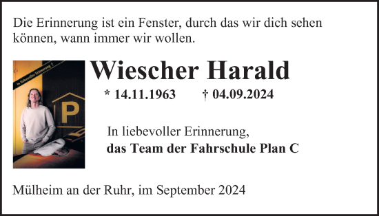 Traueranzeige von Harald Wiescher von Tageszeitung