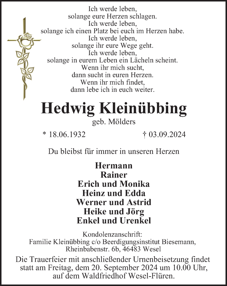  Traueranzeige für Hedwig Kleinübbing vom 14.09.2024 aus Tageszeitung