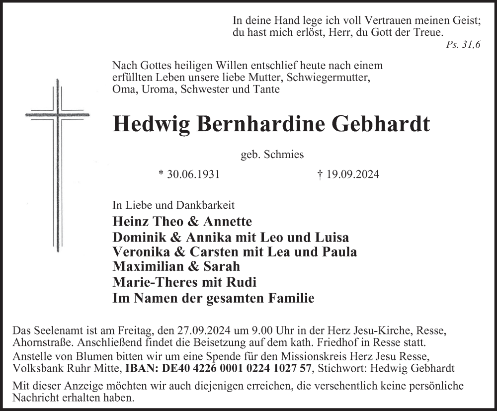  Traueranzeige für Hedwig Bernhardine Gebhardt vom 25.09.2024 aus Tageszeitung