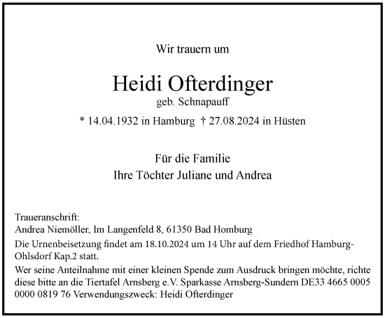 Traueranzeige von Heidi Ofterdinger von Tageszeitung