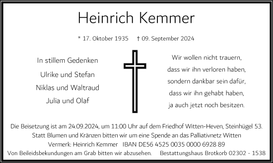 Traueranzeige von Heinrich Kemmer von Tageszeitung