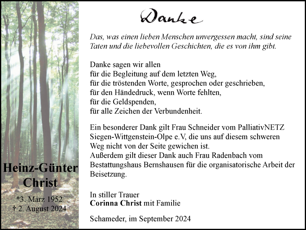  Traueranzeige für Heinz-Günter Christ vom 14.09.2024 aus Tageszeitung