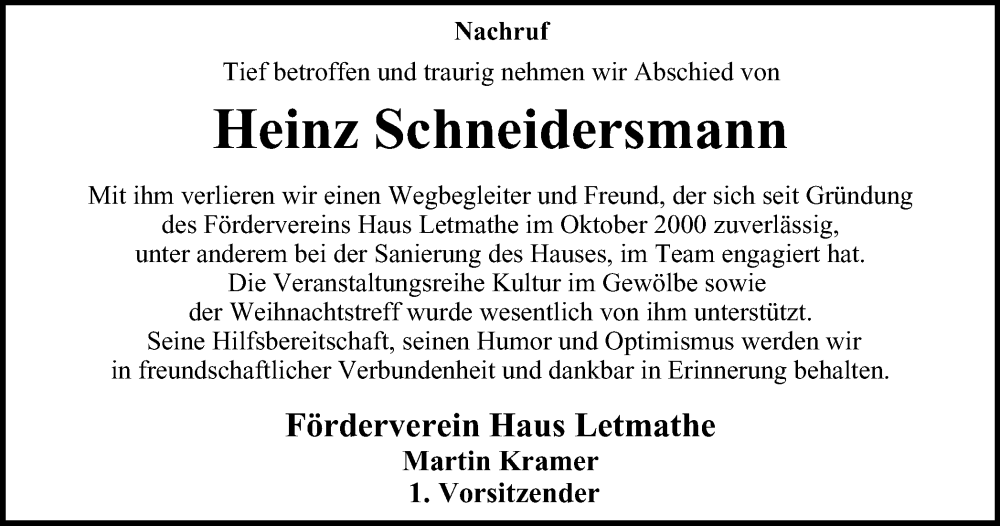  Traueranzeige für Heinz Schneidersmann vom 14.09.2024 aus Tageszeitung