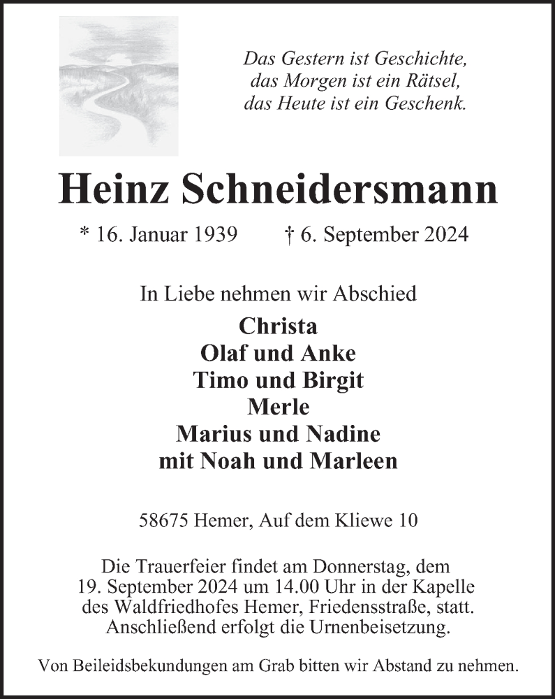  Traueranzeige für Heinz Schneidersmann vom 14.09.2024 aus Tageszeitung