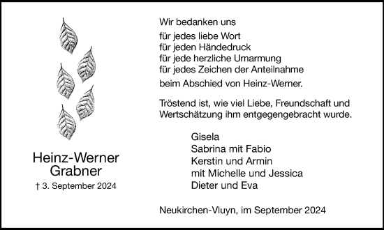 Traueranzeige von Heinz-Werner Grabner von Tageszeitung