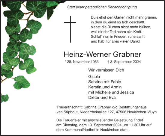 Traueranzeige von Heinz-Werner Grabner von Tageszeitung