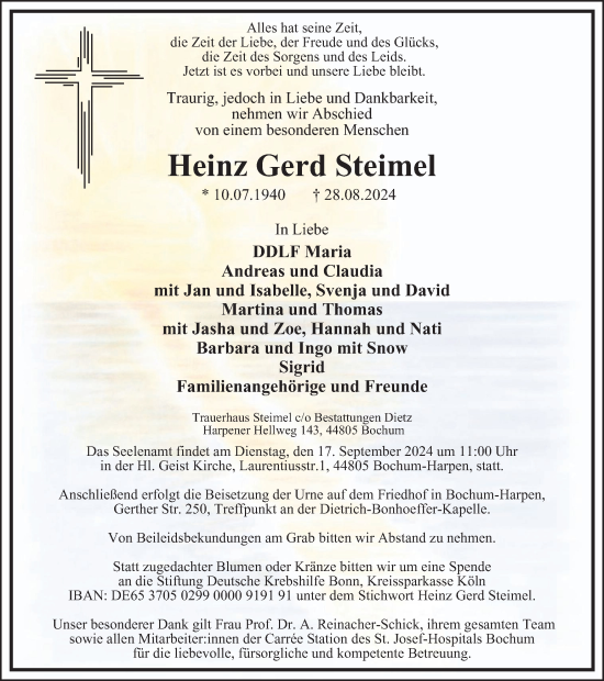 Traueranzeige von Heinz Gerd Steimel von Tageszeitung