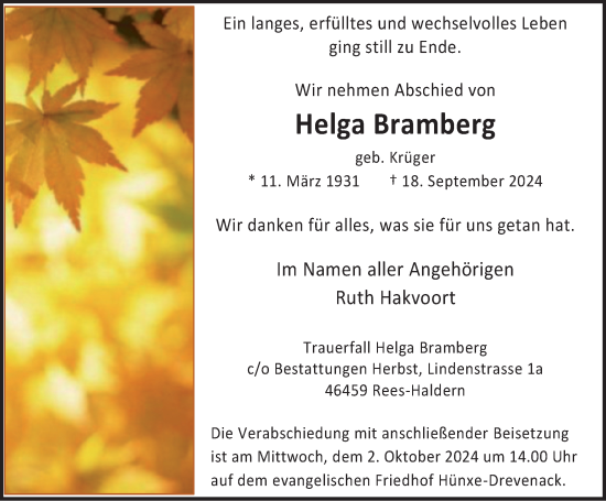 Traueranzeige von Helga Bramberg von Tageszeitung