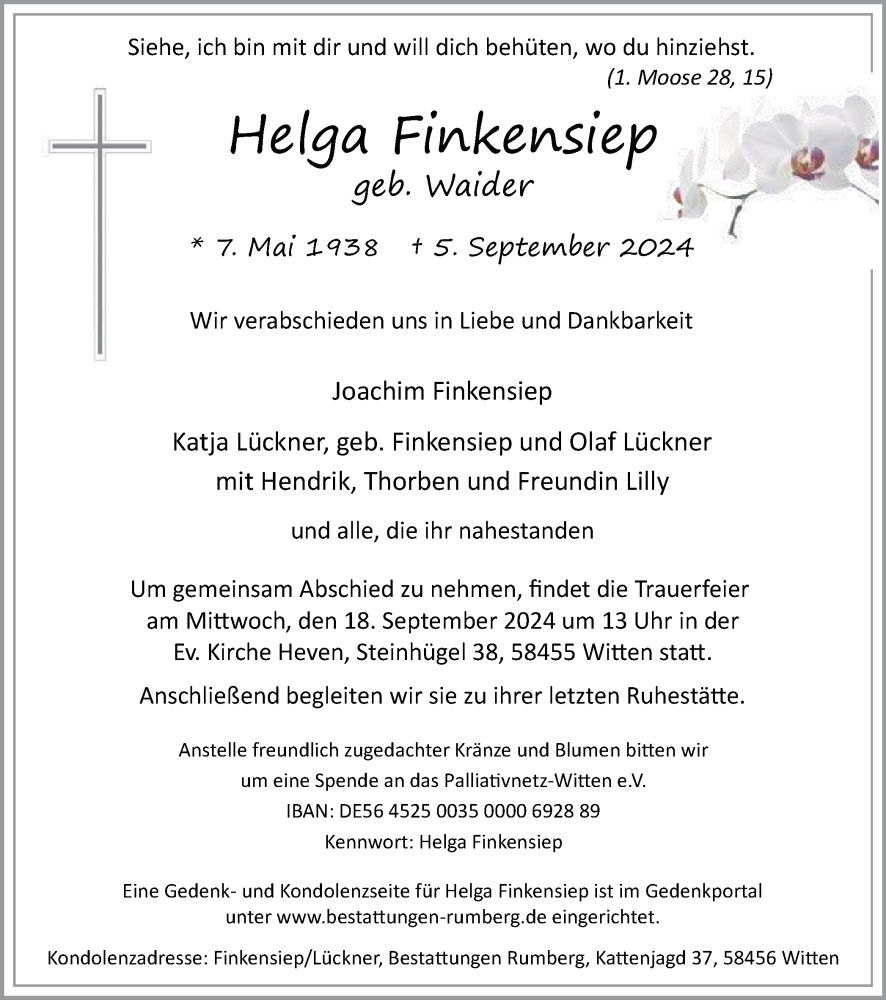  Traueranzeige für Helga Finkensiep vom 18.09.2024 aus Tageszeitung