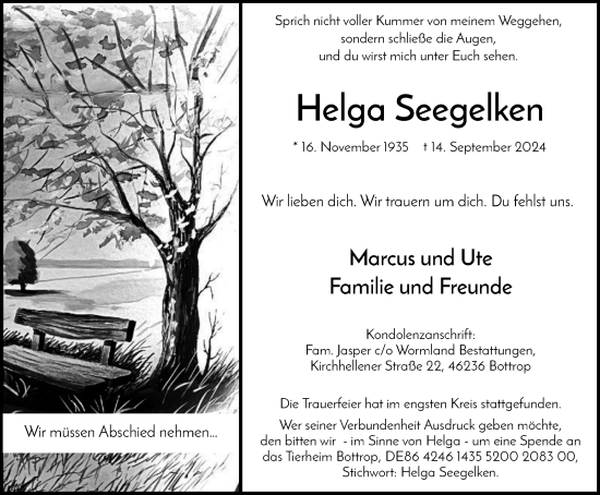 Traueranzeige von Helga Seegelken von Tageszeitung
