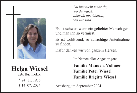 Traueranzeige von Helga Wiesel von Tageszeitung