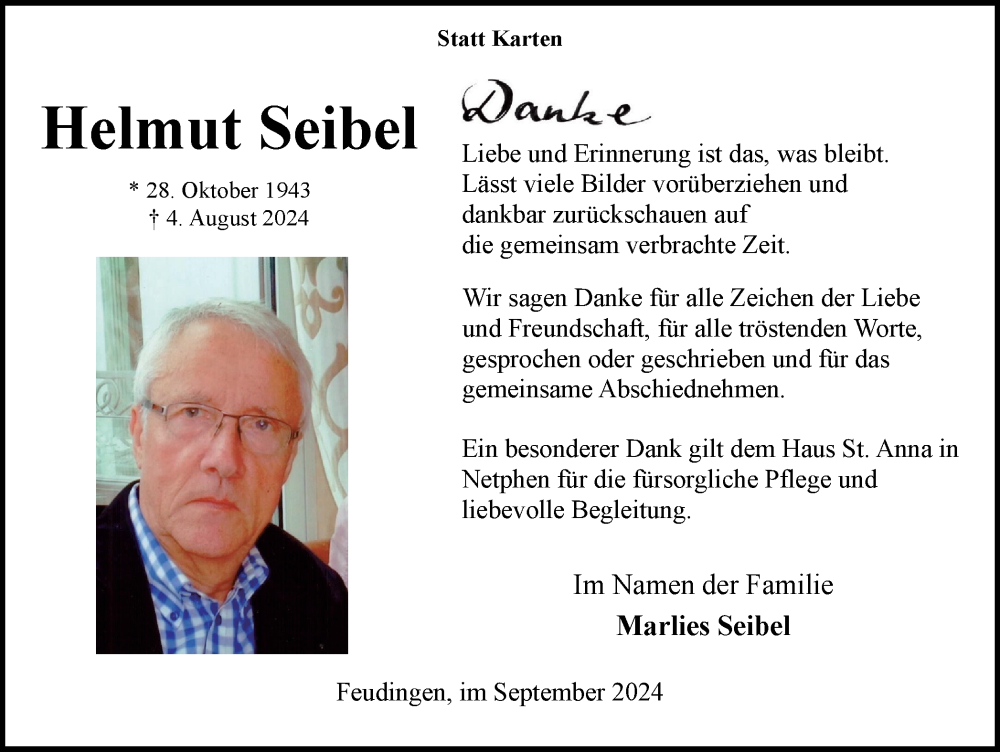  Traueranzeige für Helmut Seibel vom 21.09.2024 aus Tageszeitung