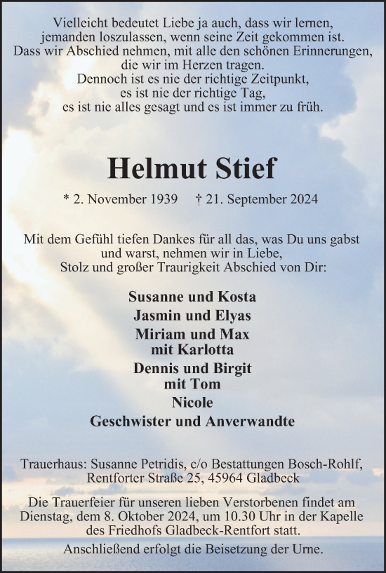 Traueranzeige von Helmut Stief von Tageszeitung