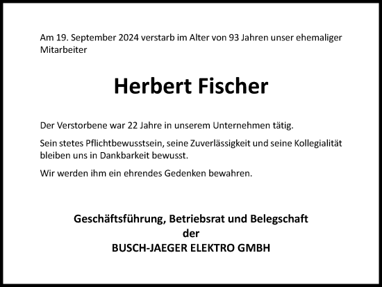 Traueranzeige von Herbert Fischer von Tageszeitung