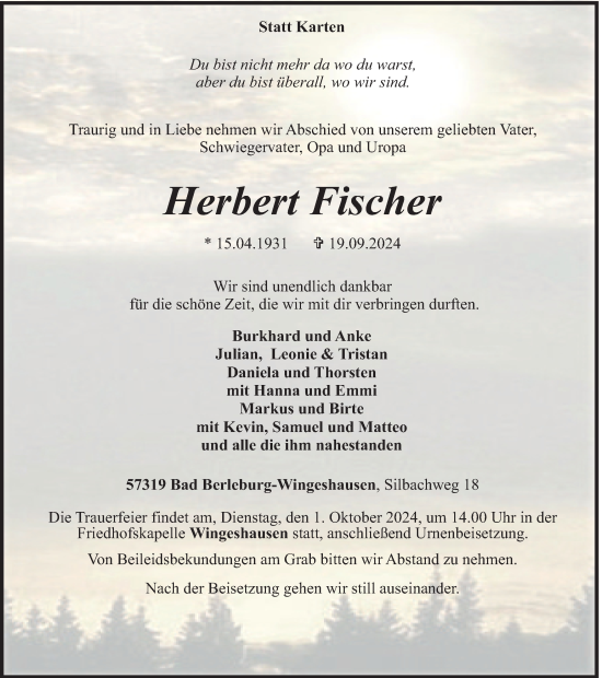 Traueranzeige von Herbert Fischer von Tageszeitung