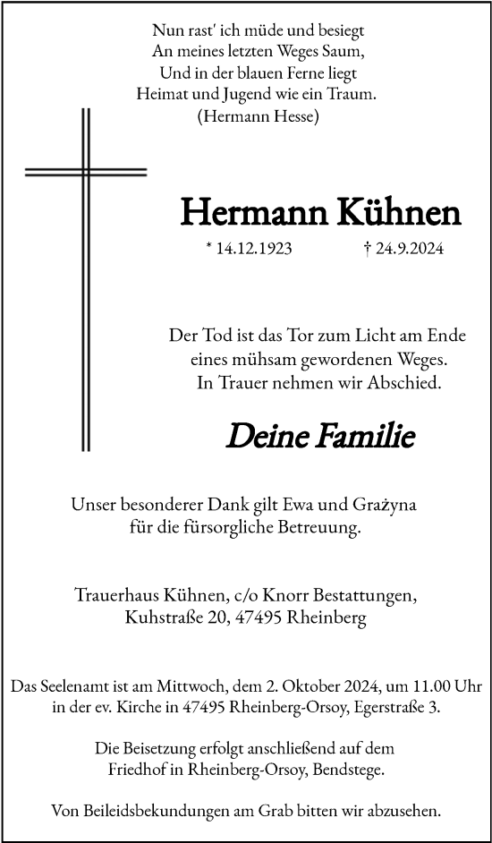 Traueranzeige von Hermann Kühnen von Tageszeitung