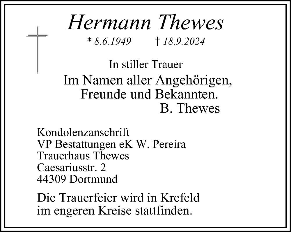  Traueranzeige für Hermann Thewes vom 28.09.2024 aus Tageszeitung