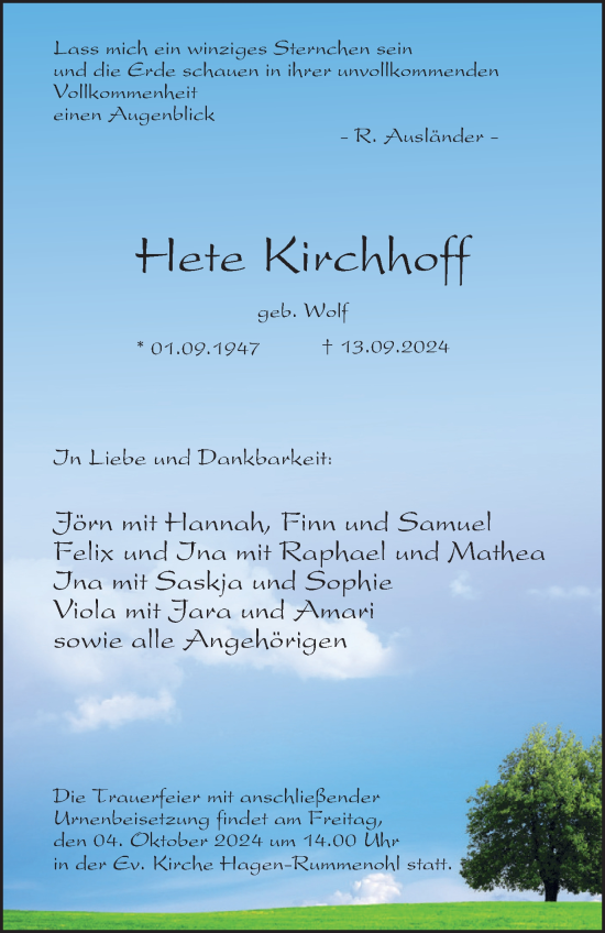 Traueranzeige von Hete Kirchhoff von Tageszeitung