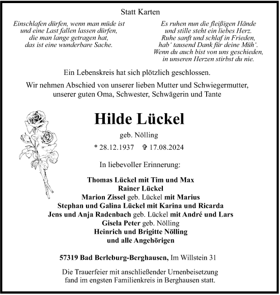 Traueranzeige von Hilde Lückel von Tageszeitung