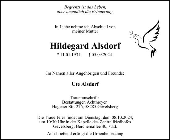 Traueranzeige von Hildegard Alsdorf von Tageszeitung