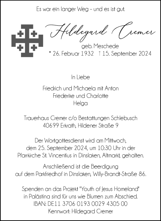 Traueranzeige von Hildegard Cremer von Tageszeitung