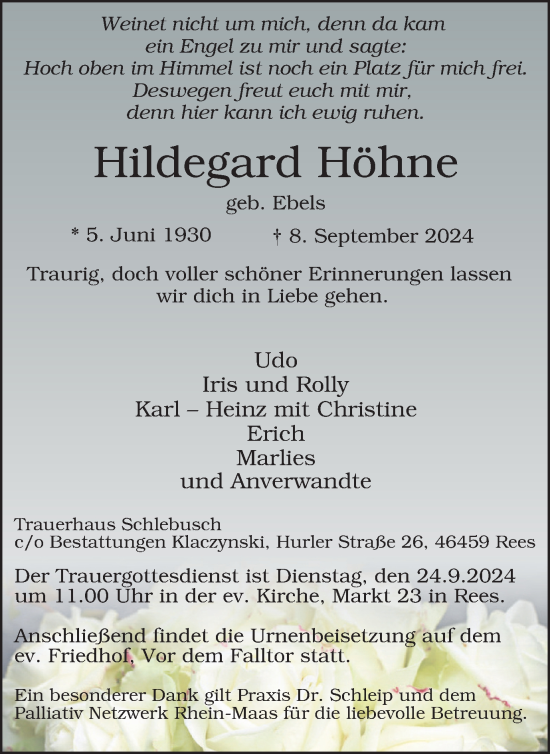 Traueranzeige von Hildegard Höhne von Tageszeitung