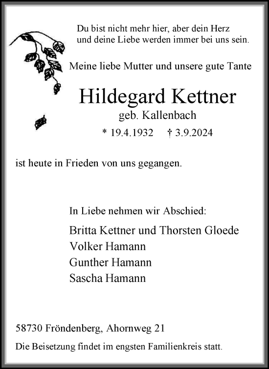 Traueranzeige von Hildegard Kettner von Tageszeitung