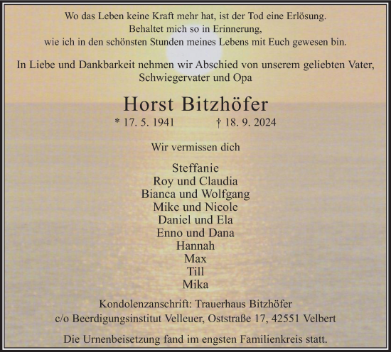Traueranzeige von Horst Bitzhöfer von Tageszeitung