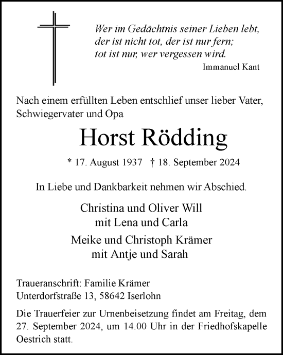 Traueranzeige von Horst Rödding von Tageszeitung