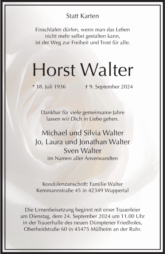  Traueranzeige für Horst Walter vom 21.09.2024 aus Tageszeitung