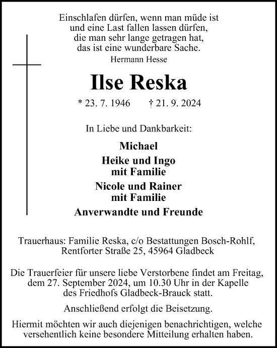 Traueranzeige von Ilse Reska von Tageszeitung