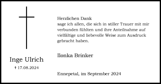 Traueranzeige von Inge Ulrich von Tageszeitung