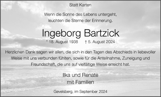 Traueranzeige von Ingeborg Bartzick von Tageszeitung