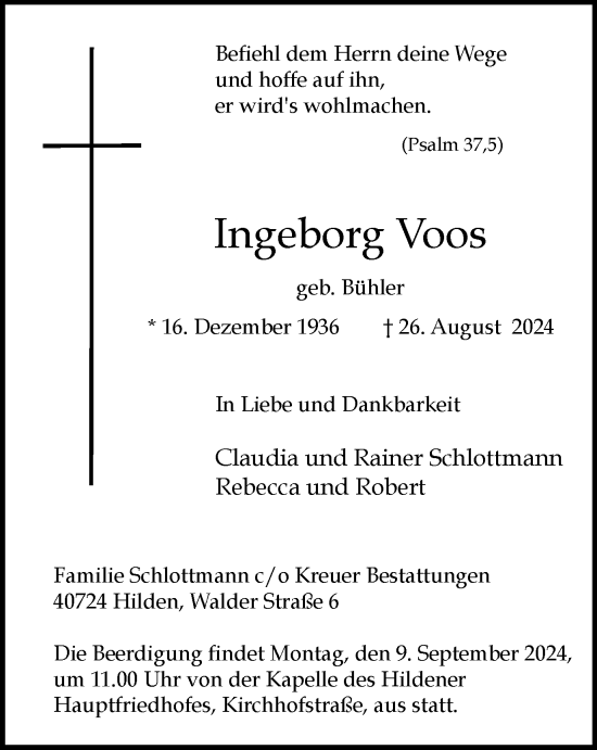 Traueranzeige von Ingeborg Voos von Tageszeitung
