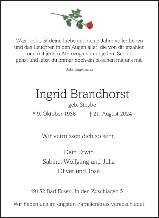 Traueranzeige von Ingrid Brandhorst von Tageszeitung